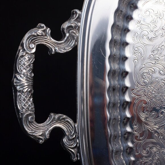 Silver Plated Serving Tray With Intricate Engraving & Handles | Leonard Silver - Picture 6 of 11